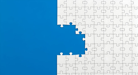 White Jigsaw Puzzle with a Missing Piece on a Vibrant Blue Background
