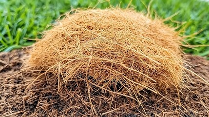 Naklejka premium Close-Up of Natural Organic Material in Brown Earthy Setting with Green Grass Background and Textured Soil