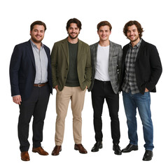Obraz premium Modern confident young businessmen team ready for success, diverse and stylish, symbolizing teamwork and achieving goals together confidently