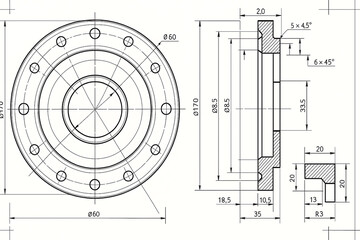 Technical engineering drawing of circular flange with precise dimensions, industrial mechanical blueprint illustration, CAD technical draft for manufacturing process, professional mechanical part desi