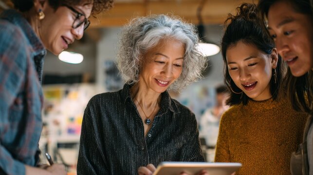 Medium shot of a multiracial group collaborating on a creative project a young Asian woman holding a tablet in sharp focus showcasing teamwork across age and ethnicity. - Powered by Adobe
