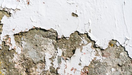 Peeling white paint reveals textured, aged gray stonework.