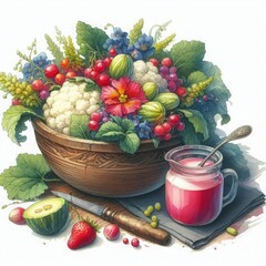 Floral still life, vintage kitchen illustration.