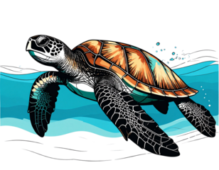 sea turtle swimming in ocean in outline sketch vector style