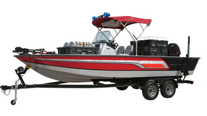Sleek aluminum boat ready for adventure on a trailer, complete with fishing gear and a stylish red canopy ready to explore the water