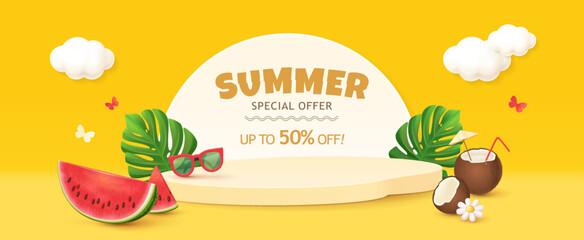 Colorful Summer Sale banner with watermelon, coconut, sunglasses and palm leaf background.