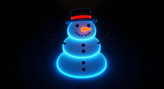 Glowing neon snowman with top hat and carrot nose, Christmas holiday season concept - Powered by Adobe