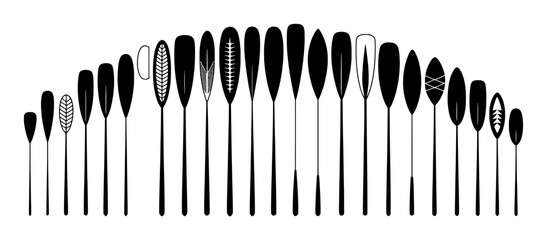 Diverse Collection of Paddles and Oars in Black and White Silhouette
