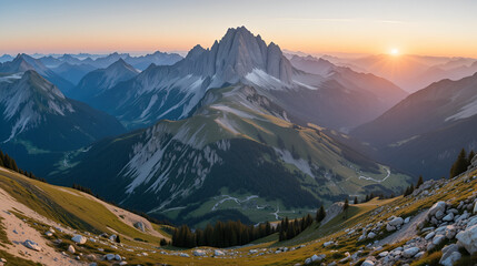 Amazing panoramic view on Sass de Stria mountain and Falzarego Pass. Dolomite Alps, South Tyrol, Italy at sunset