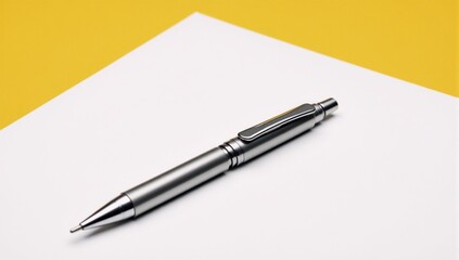 Naklejka premium Ballpoint pen depicted in a white top view isolated on a yellow desk within an office design