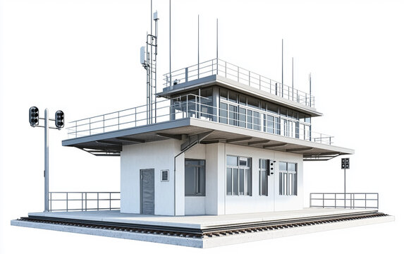 Modern railway control center featuring antennas and monitoring systems isolated on white background PNG