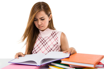 Tired student girl with books isolated on white background