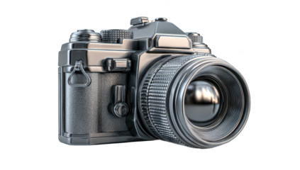 Shiny metallic camera, detailed, lens focus. Isolated on black background