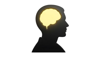 Illuminated Mind Glowing Yellow Brain in a Black Profile Silhouette on White.