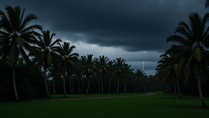 Fototapeta premium Windy evening amidst coconut trees under threatening thunderclouds