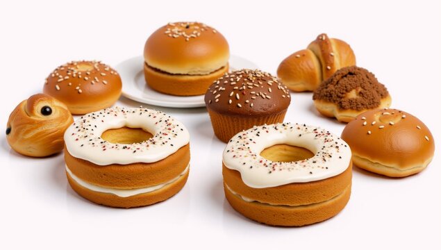 Isolated display of bakery items donut cake croissant muffin and eclair on a white background