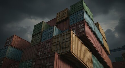 Stacked Shipping Containers Under Dramatic Cloudy Sky