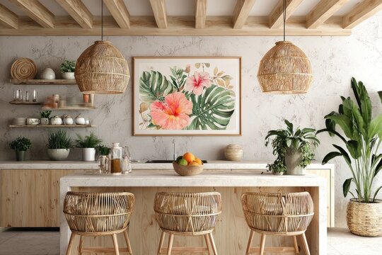 Tropical kitchen interior with woven accents and floral art.