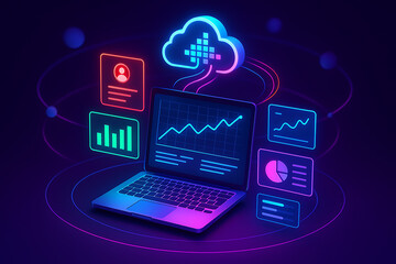 A futuristic laptop and a cloud icon are floating in a dark space, symbolizing the modern use of cloud computing and data analytics