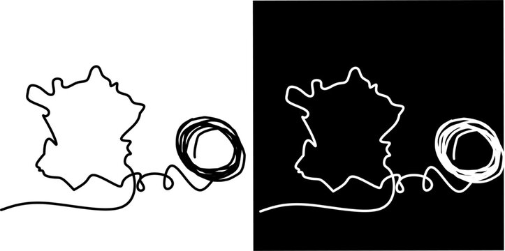 Minimalist continuous line art of France map with Eiffel Tower symbol, representing travel, tourism, culture, identity, heritage, and modern abstract design.