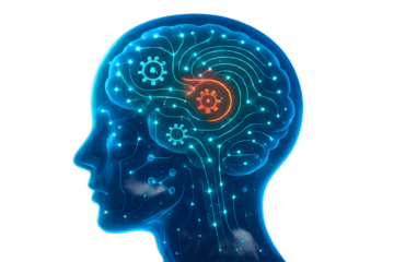 An outline of a human head is filled with a digital brain with gears, representing the concept of mental health technology and learning
