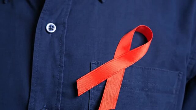 Close-up of Hands Holding a Red Ribbon in a Heart Shape, Representing HIV/AIDS Awareness and Support, Symbolic of Health Campaigns and Medical Causes, Emphasizing Compassion and Community Solidarity,