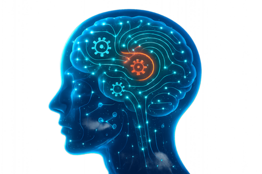 An outline of a human head is filled with a digital brain with gears, representing the concept of mental health technology and learning