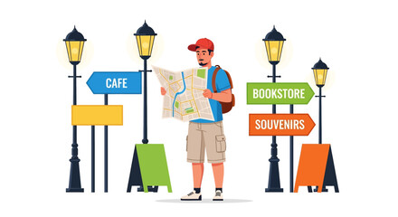 Vector illustration of a male tourist holding a map at a crossroads with street signs for food, coffee, and bus routes, symbolizing travel planning, exploration, and urban tourism