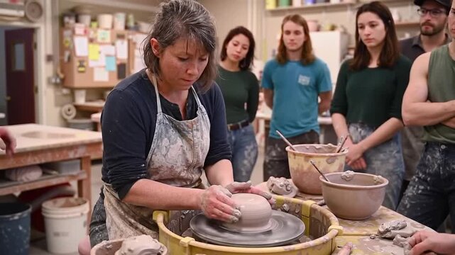 Focused artist guiding students in a pottery class, shaping clay on a wheel.