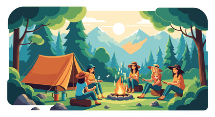 Vector illustration of friends camping in the forest, sitting around a campfire roasting marshmallows with a tent and mountains in the background, symbolizing outdoor adventure, travel, and relaxation