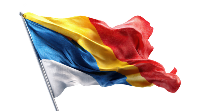 Waving flag with blue, yellow, red and white colors, on a pole