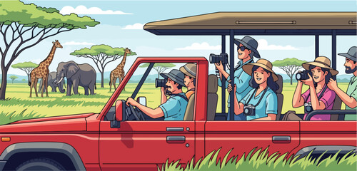 Vector illustration of tourists on an African safari in a jeep, observing elephants and giraffes in the savanna, symbolizing adventure travel, wildlife exploration, and ecotourism © meeblues