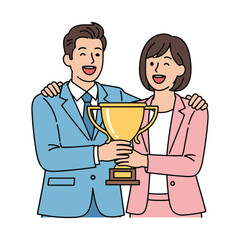 Business team celebrating victory with trophy after successful project