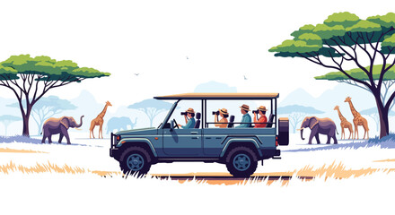 Vector illustration of tourists on an African safari in a jeep, observing elephants and giraffes in the savanna, symbolizing adventure travel, wildlife exploration, and ecotourism © meeblues