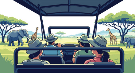 Vector illustration of tourists on an African safari in a jeep, observing elephants and giraffes in the savanna, symbolizing adventure travel, wildlife exploration, and ecotourism © meeblues