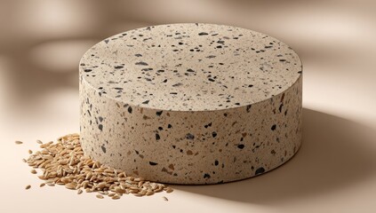 Beige terrazzo cylinder pedestal with scattered grains.