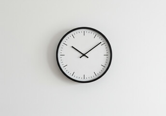 Blank wall clock with minimalist design, white wall background 