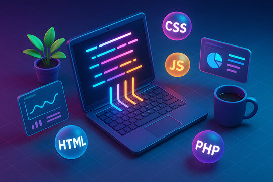 A 3D render of a laptop displaying a vibrant glowing code, surrounded by floating icons of web development languages and tools