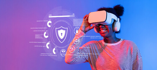 A joyful young woman uses a virtual reality headset, exploring cyber security features on a colorful digital interface, reflecting modern technology and online safety. XDMCP