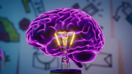 A vibrant purple brain model with an illuminated light bulb, set against a whimsical background of sketches