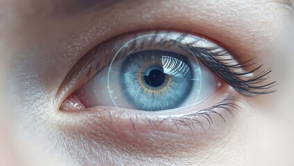 Close up of a human eye with futuristic holographic interface showing data and diagnostic information related to health and biometrics