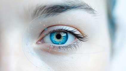 Close up of beautiful blue human eye with futuristic technology overlay for vision concept and digital interface representation human connection to technology