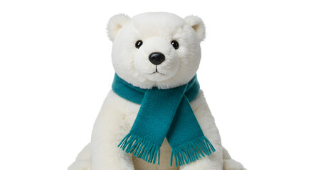 Cuddly polar bear plush toy wearing a teal scarf ready for winter season greetings