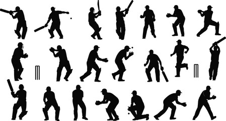 Cricket player silhouette, batting pose, bowling action, fielding stance, wicket keeping, sports discipline, match play, athletic movement, team sport, game technique