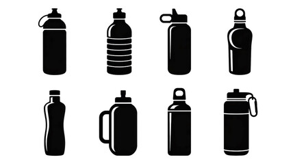 Black and white illustrations of various drinking vessels bottle water bottle
