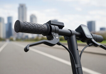 Close-up of e-scooter handle with city blur in background