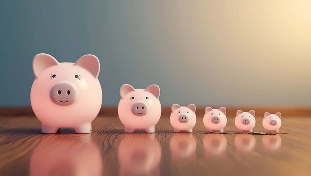 Row of piggy banks decreasing in size representing financial growth savings concept and investment strategy for retirement planning