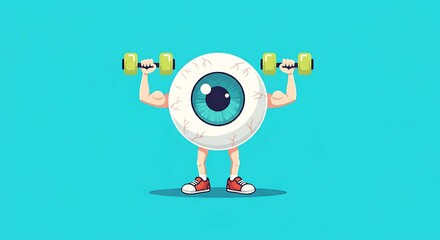 Eyeball character lifting dumbbells showcasing vision health and fitness promoting healthy habits with a playful and humorous cartoon on a vibrant background