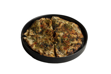Delicious chicken tikka kulcha stuffed with juicy spiced chicken pieces served on a black plate, isolated on transparent background, perfect for Indian food and culinary design projects.
