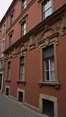 Naklejka premium Cracked and weathered historic building facade with signs of decay showcasing red bricks in an aged urban architectural scene